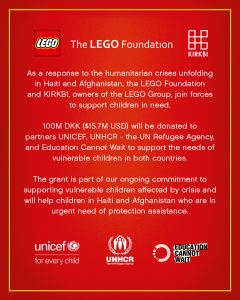 Turut Prihatin dengan Krisis Afghanistan dan Gempa Haiti, LEGO Sumbang 15 Juta Dolar Untuk Dukung Anak-Anak Pengungsi